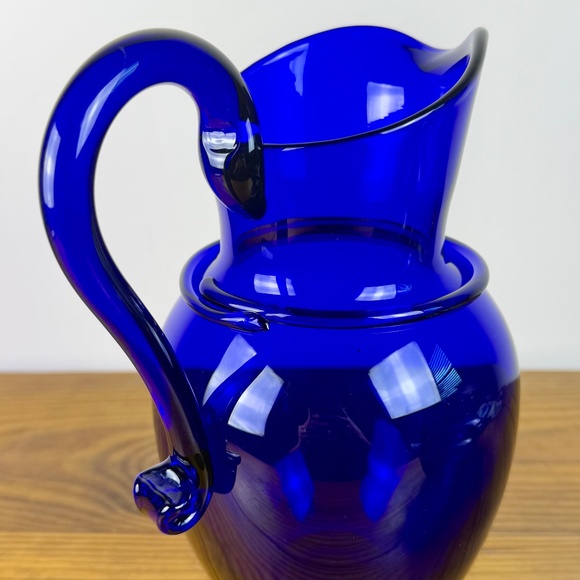 Vintage Cobalt Blue Glass Pitcher & Ruffled Bowl Set | Hand Blown Art Glass - Picture 6 of 16